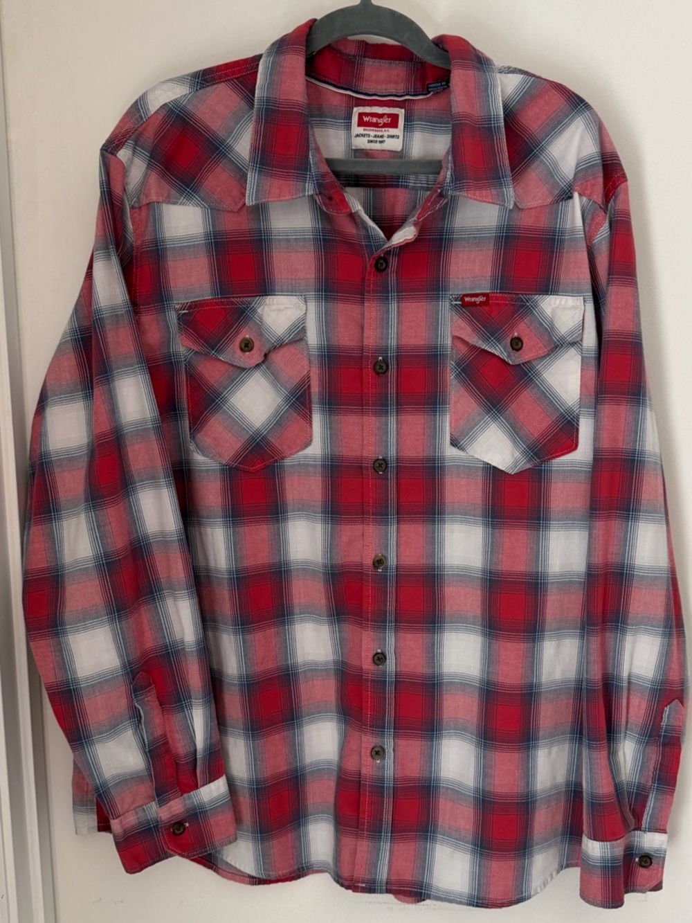 Wrangler Red White Blue Plaid Button-Down Shirt